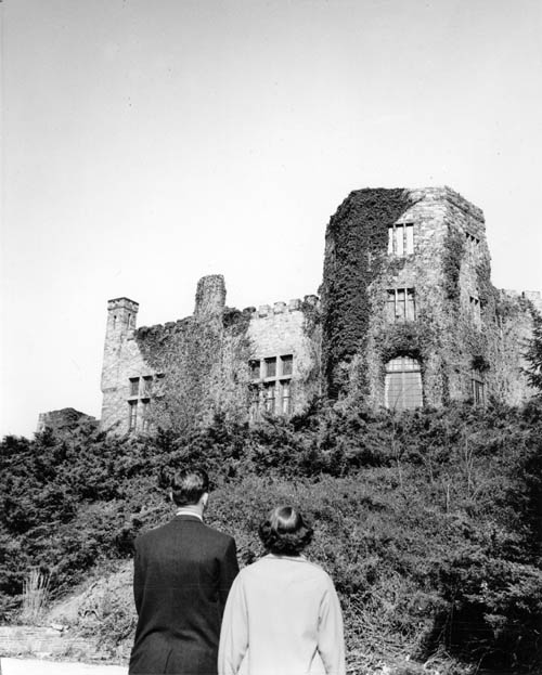 A couple stand with their backs to the camera as they gaze up at an ivy covered wall of Seely Castle.